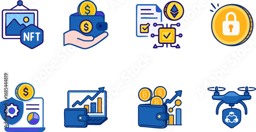 This image features a set of eight colorful cryptocurrency and finance-related icons, including NFTs, wallets, coins, blockchain contracts, security, charts, and a drone with a blockchain symbol.