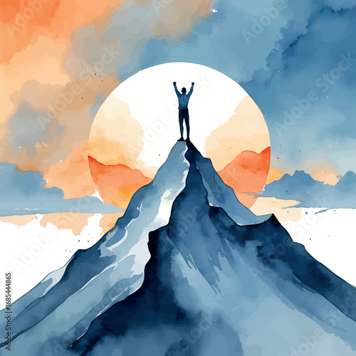 Watercolor figure on mountain peak at sunrise symbolizing ambition and success