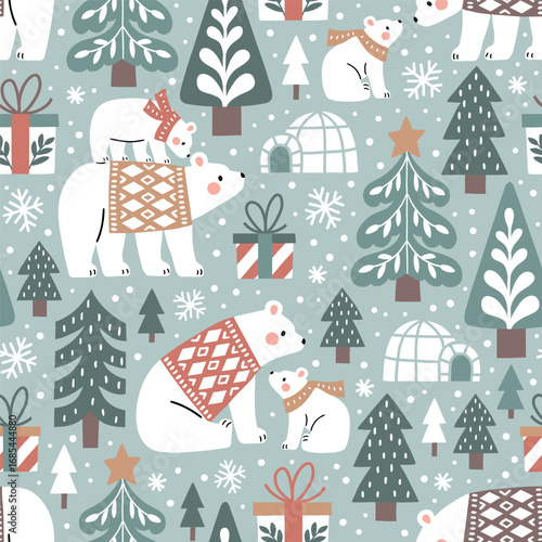 Seamless vector pattern with hand drawn polar bears in snowy winter woodland. Cute polar bears in warm clothes. Perfect for textile, wallpaper or nursery print design.
