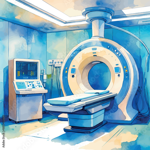 Watercolor MRI scanning room with control panel, soft modern medical interior