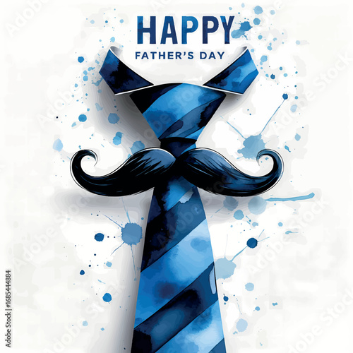 Father's Day watercolor necktie and mustache composition. Masculine celebration design in blue and navy tones with splatter effect isolated on white background.