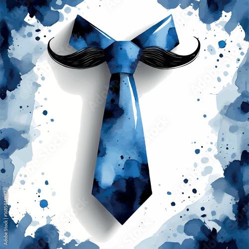 Father's Day watercolor necktie and mustache composition. Masculine celebration design in blue and navy tones with splatter effect isolated on white background.
