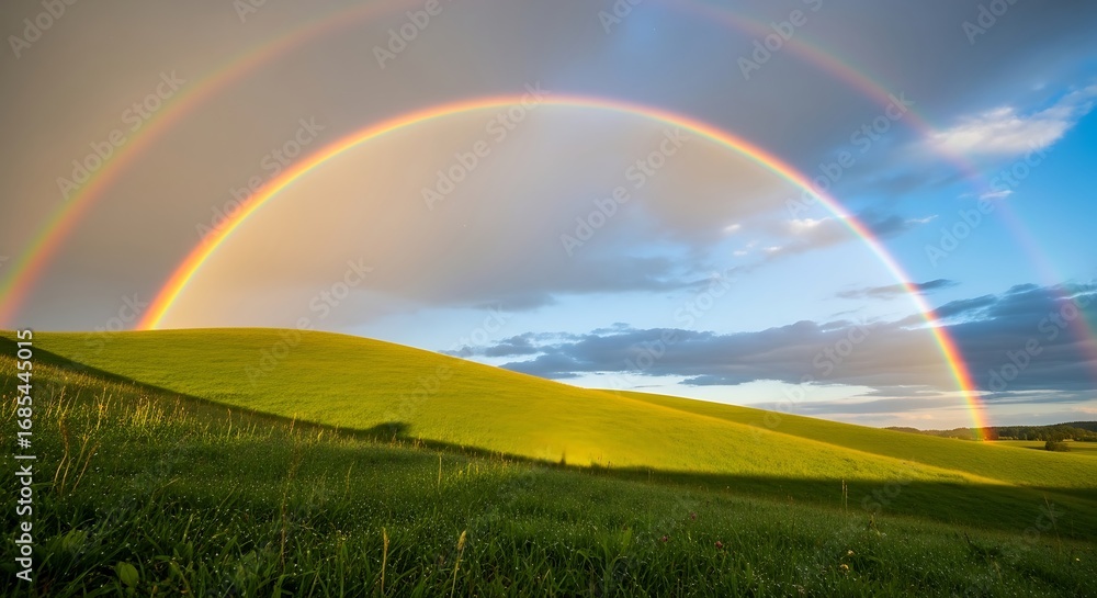 Naklejka premium Vibrant rainbow arching over golden field under cloudy dramatic sky