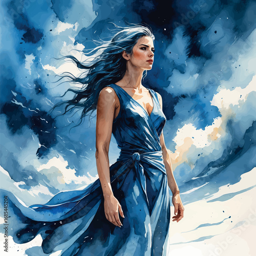 Resilient woman in watercolor style standing strong in storm, windswept and emotional