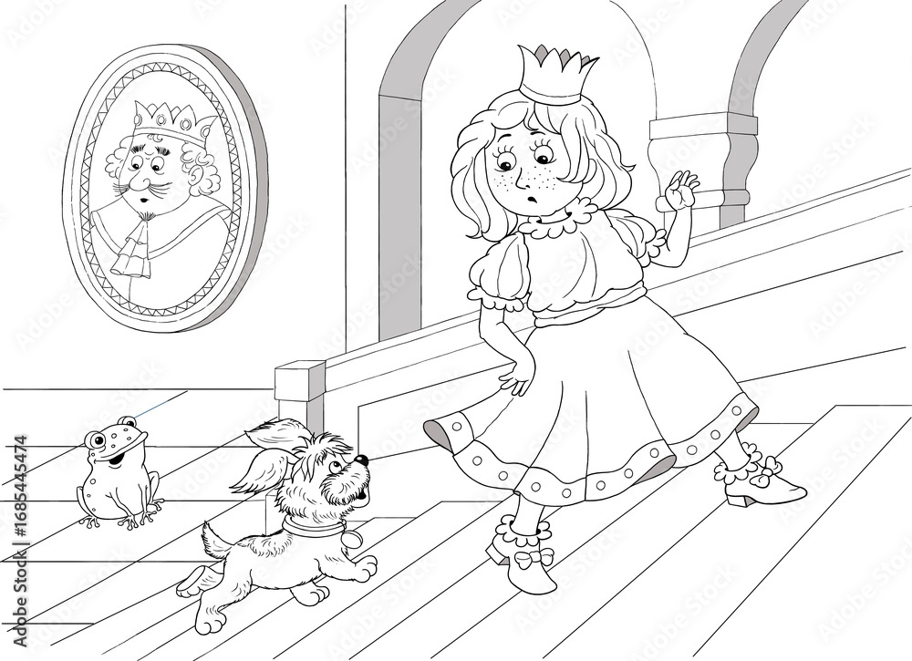 Fototapeta premium The frog prince. Fairy tale. Illustrations for children. Coloring page