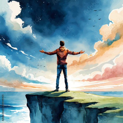 Watercolor figure on cliff embracing horizon, symbolizing motivation and new beginnings