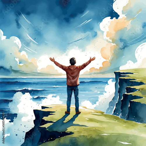 Watercolor figure on cliff embracing horizon, symbolizing motivation and new beginnings