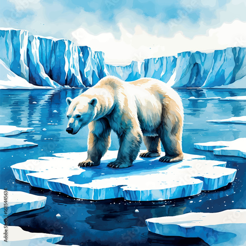 Watercolor polar bear adrift on melting ice floe amid climate crisis