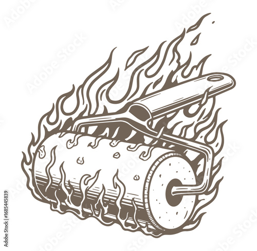 Artistic illustration of a paint roller surrounded by flames representing intensity and heat