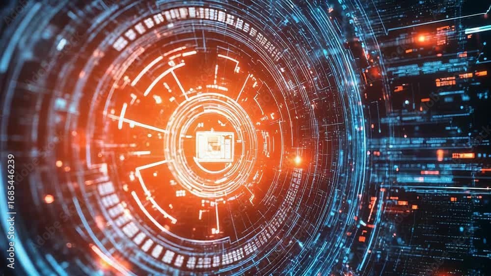 Futuristic technological tunnel rotating with digital information flowing