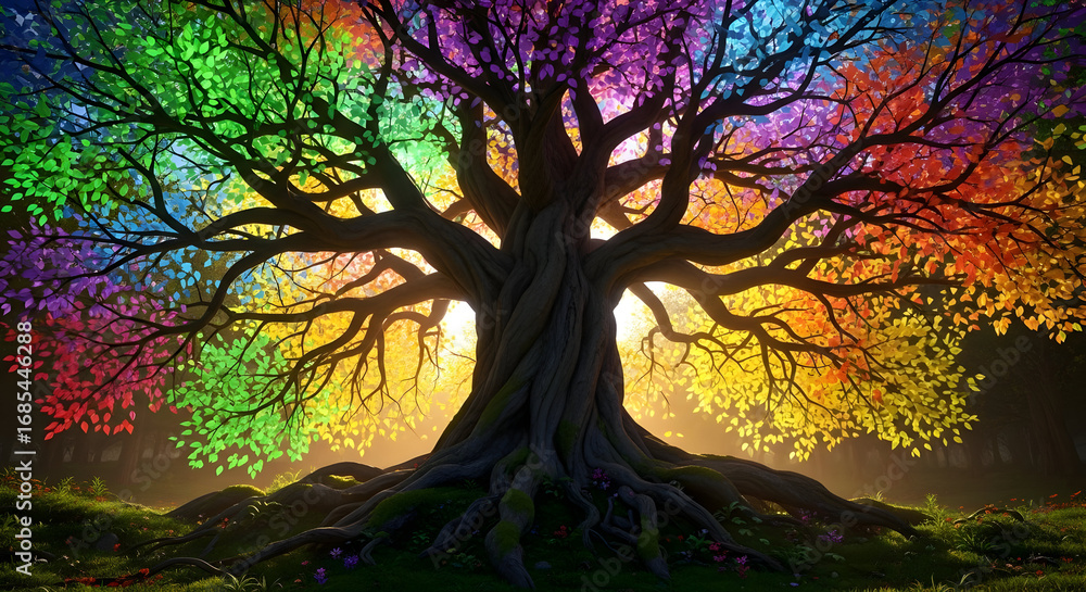 Fototapeta premium A vibrant, digitally rendered tree displays leaves in every color of the rainbow, its massive roots grounded in a lush, sunlit clearing. The image evokes fantasy and wonder.