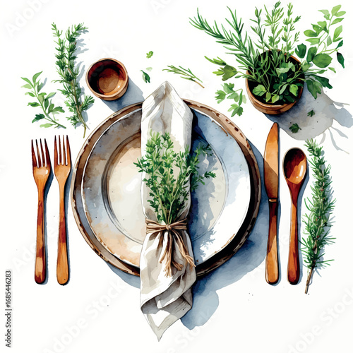 Watercolor rustic table setting with ceramic plate and linen napkin, isolated on white