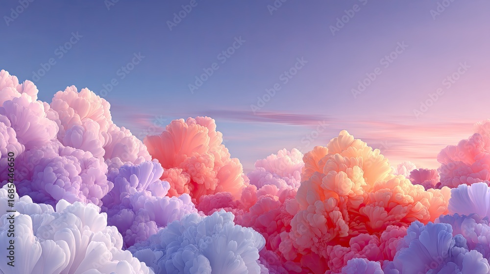 Fototapeta premium A minimalist horizon where soft pink candy clouds meet a pale lavender sky, serene and almost edible-looking, no distractions.