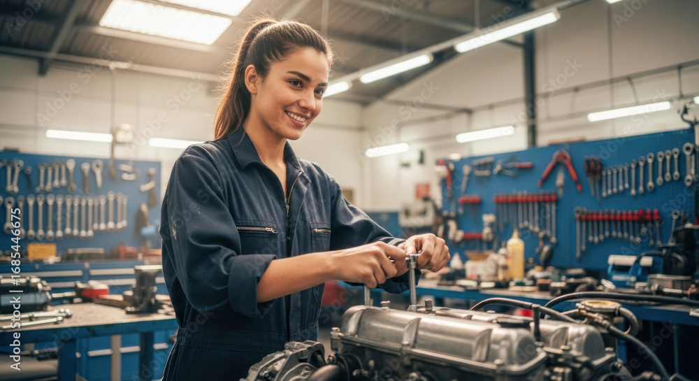 Naklejka premium A young woman in a blue coverall working on an engine in a workshop.