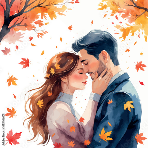Romantic watercolor illustration of couple touching foreheads with autumn leaves, isolated on white
