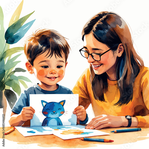 Watercolor illustration of child proudly sharing drawing, building self-esteem, isolated on white