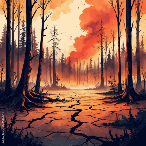 Watercolor burnt forest and cracked land under smoky sky after climate disaster