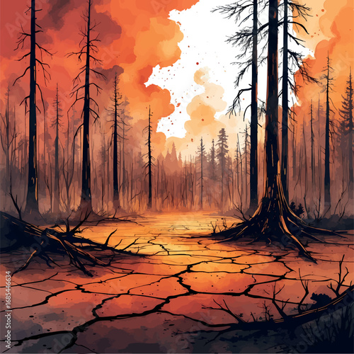 Watercolor burnt forest and cracked land under smoky sky after climate disaster