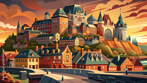 Historic District of Old Québec, Canada enchants with fortified walls, stone streets, French colonial architecture, and a skyline crowned by the Château Frontenac overlooking the St. Lawrence River.