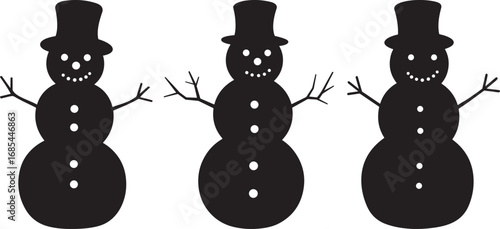 Three cheerful snowman silhouettes wearing top hats on a white background silhouette
