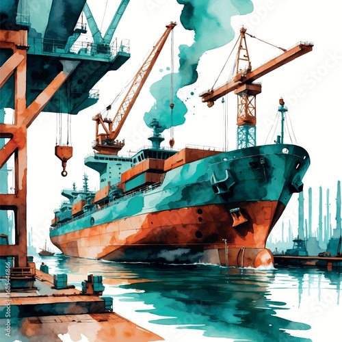 Shipyard Watercolor with Vessel Construction. Maritime Harbor Industry in Teal and Rust Colors, Naval Manufacturing Illustration for Shipping Companies