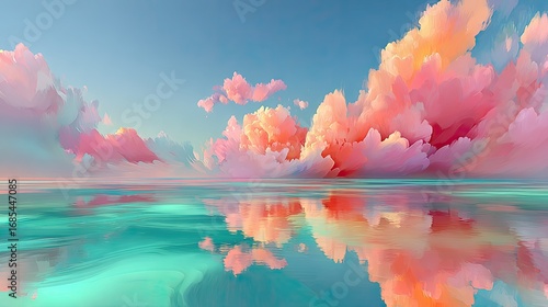 Dreamlike pink candy clouds drifting over a calm lake at dawn, reflections creating a surreal double sky, soft watercolor-like textures.