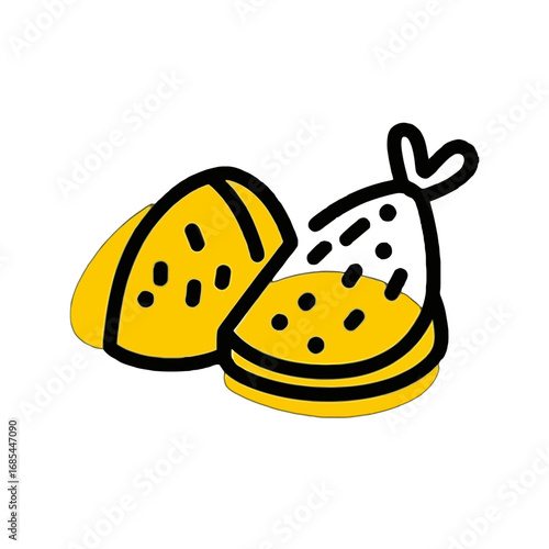 Vector art of stylized illustration of two yellow cheese wedges with black dots, isolated on a transparent background
