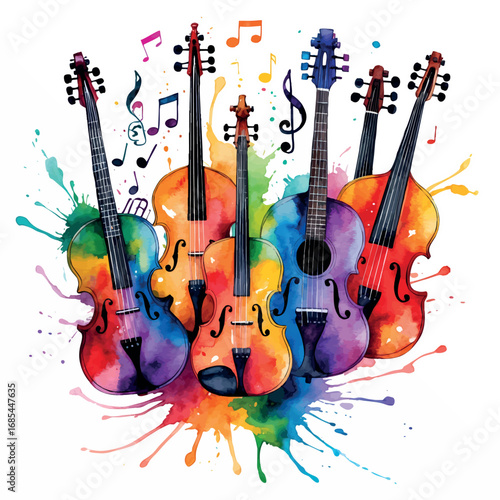 Cultural diversity represented through watercolor musical instruments. Global music concept with instruments from various traditions and flowing rainbow colors.