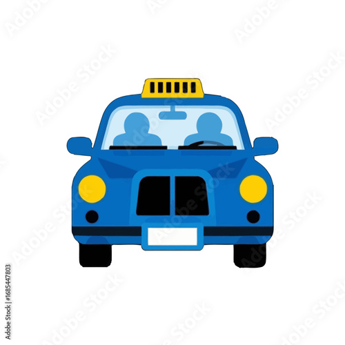 Vector art of blue taxi car with yellow sign on top and two passengers inside