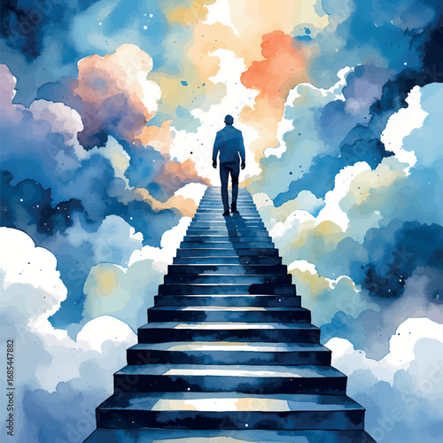 Watercolor staircase into clouds symbolizing personal mindset journey and upward growth