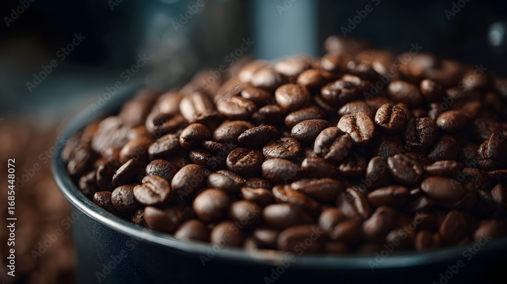 Fototapeta premium A close up view of dark roasted coffee beans showcasing their rich texture and deep brown color ready for grinding into a fresh aromatic beverage