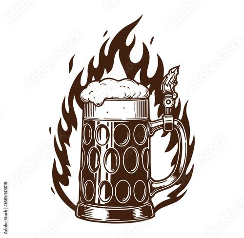 Detailed illustration of a beer stein surrounded by flames representing a hot or spicy drink