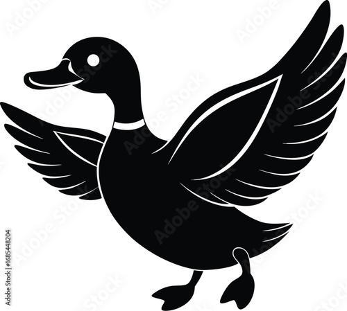 An elegant duck silhouette gracefully taking flight. The duck's outstretched wings create a dynamic and artistic feel