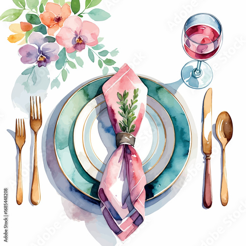 Watercolor elegant table setting with plate, cutlery, napkin and wine glass, isolated on white