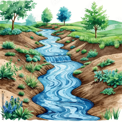 Swale System Water Harvesting Watercolor. Permaculture Landscaping Technique with Contour Planting, Natural Water Management Illustration