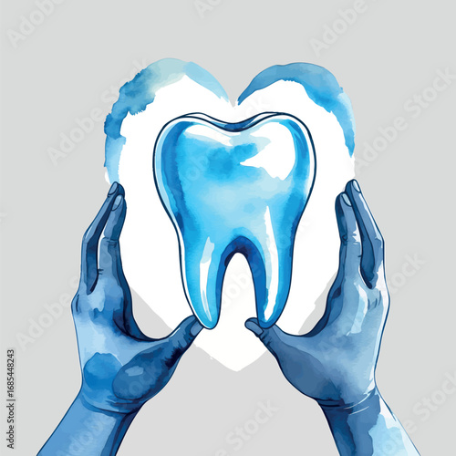 Watercolor tooth with protective hands. Soft blue dental care concept illustration isolated on white background