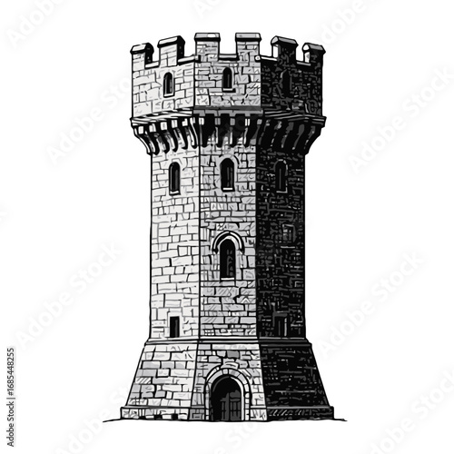 Vector art of a vintage illustration of a stone castle tower with battlements and arched doorways
