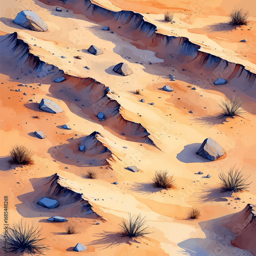 Aerial watercolor desert with sand dunes and warm natural tones