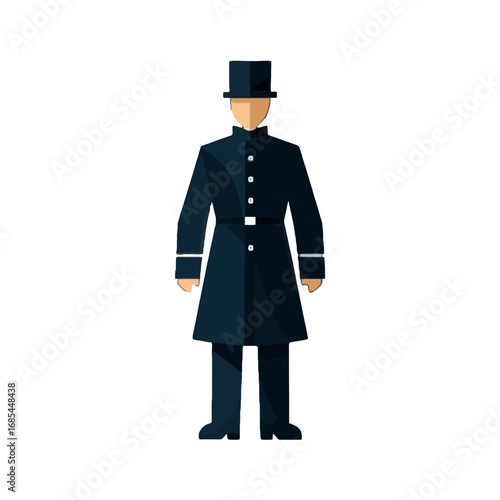 Vector art of a flat design illustration of a man in a dark blue uniform with a top hat