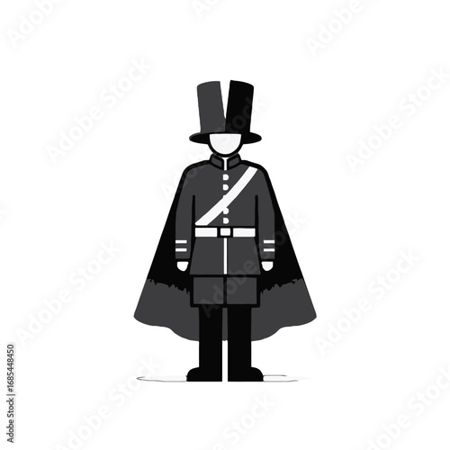 Illustration of a royal guard in uniform with a cape and top hat