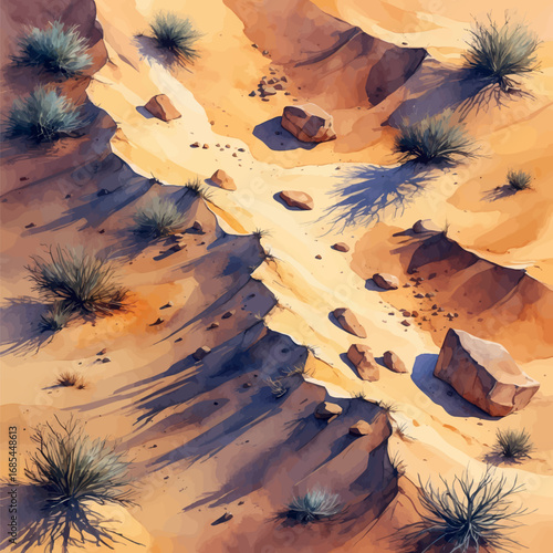 Aerial watercolor desert with sand dunes and warm natural tones