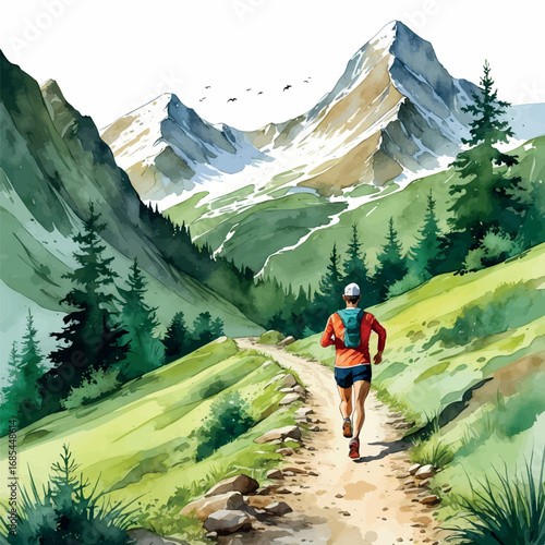 Trail runner watercolor illustration in natural landscape. Green and earth tone outdoor adventure scene isolated on white
