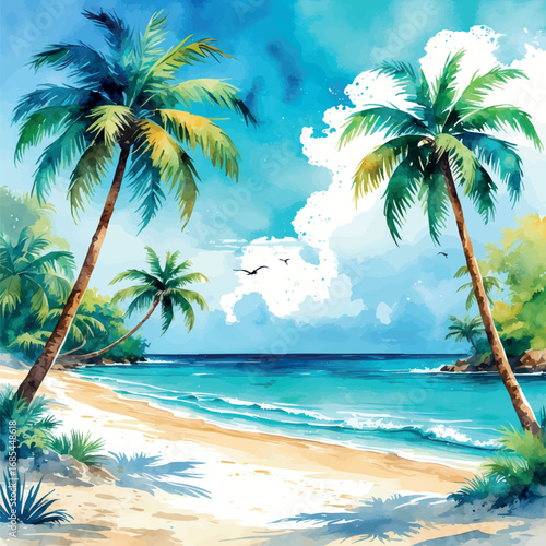 Watercolor tropical beach view with palm trees and turquoise sea, sunny seaside landscape