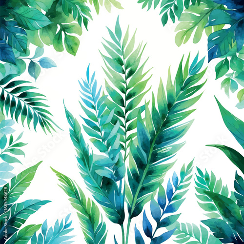 Watercolor tropical leaves botanical illustration. Elegant green and blue foliage composition isolated on white background