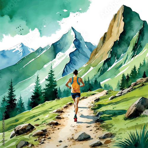 Trail runner watercolor illustration in natural landscape. Green and earth tone outdoor adventure scene isolated on white