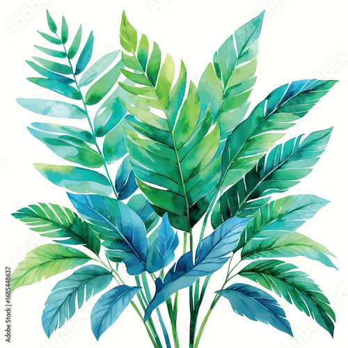 Watercolor tropical leaves botanical illustration. Elegant green and blue foliage composition isolated on white background