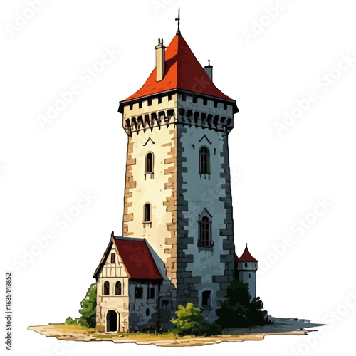 Vector art of medieval stone tower with red roof and small adjacent building