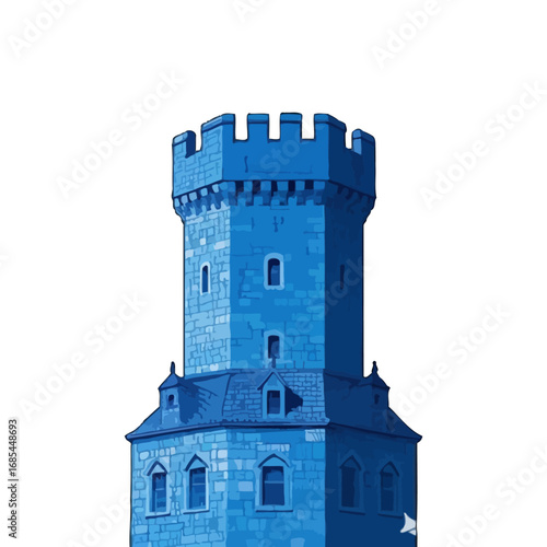 Vector art of a striking blue medieval tower, , with crenellated battlements and small windows, evoking a sense of history and fantasy