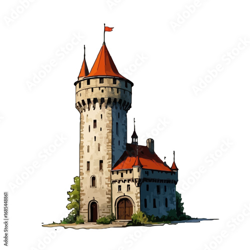 Vector art of medieval stone castle with red tiled roofs and a tall tower