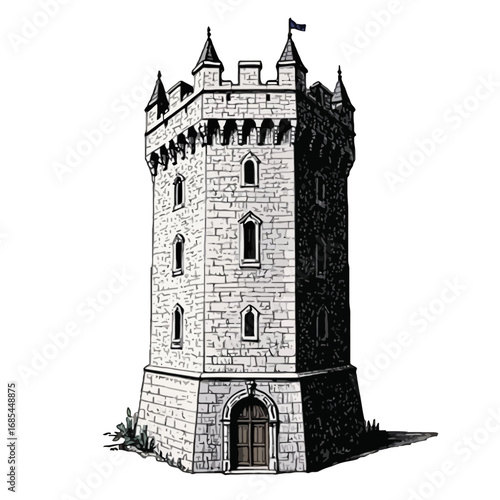 Vector art of an illustration of a stone medieval castle tower with battlements, arched doorway, and small windows